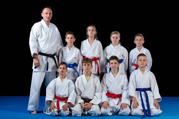 Young, beautiful, successful multi ethical karate kids in karate position. — Stock Photo, Image