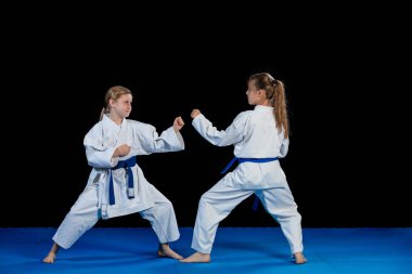 Karate dövüş sanatları iki küçük kız dövüş sanatları birlikte çalışma göstermek.