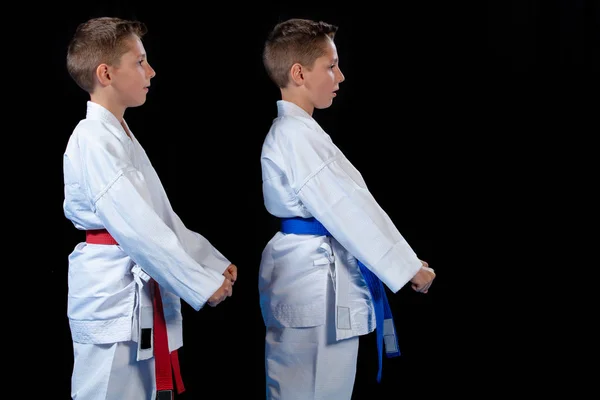 Dos niños entrenando ejercicios de kata de karate en la calificación de prueba —  Fotos de Stock