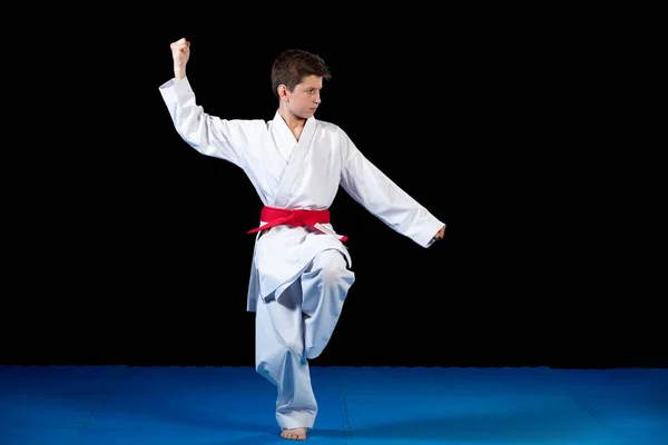 Młody chłopak ubrany w biały karate kimono z czerwonym pasem. — Zdjęcie stockowe