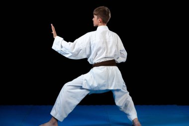 Genç çocuk eğitim karate siyah arka plan üzerine