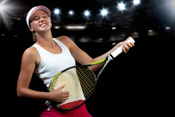 Sonriente tenista jugando en raqueta como en la guitarra — Foto de Stock