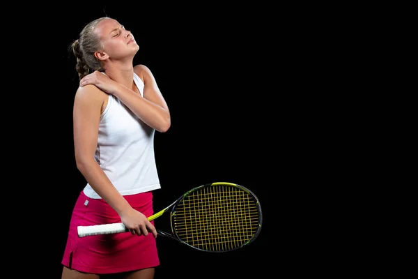 Kvinna Tennisspelare Med Skada Håller Racketen Tennisbana — Stockfoto