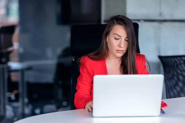 Beautiful business lady with laptop computer in office. — Stock Photo, Image