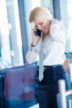 iş kavramı - Office telefonda konuşurken iş kadını