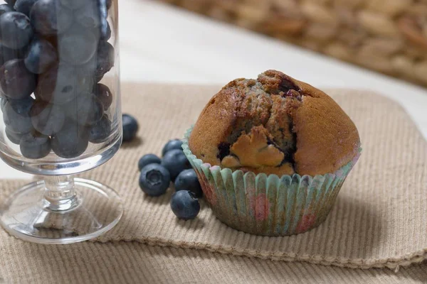 Close Homemade Gluten Free Blueberry Muffin Next Glass Full Blueberries — Stock Photo, Image