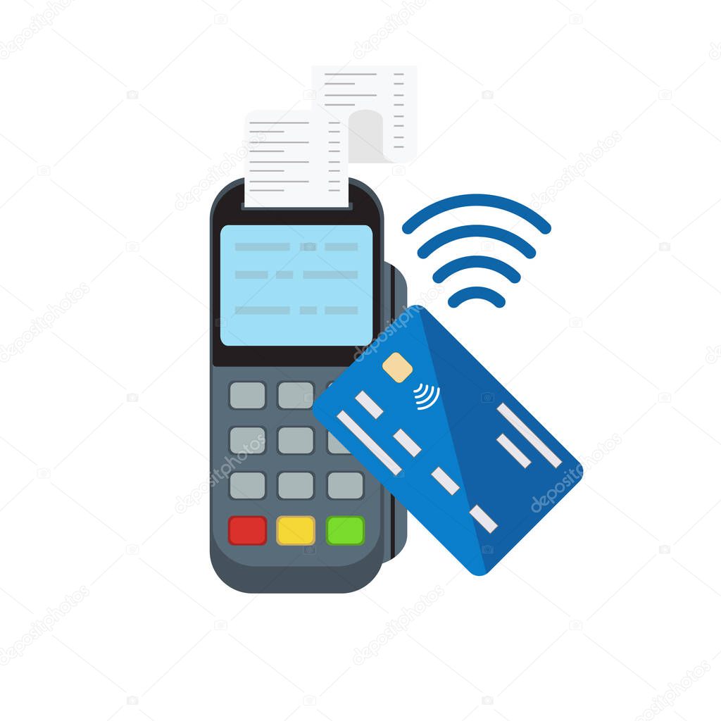 Contactless or wireless payment with posterminal and credit card . Flat style vector illustration.