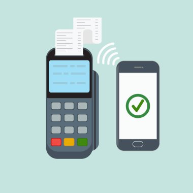 NFC ödeme illüstrasyon. Smartphone ve terminal ile temassız ödeme. Düz stil vektör çizim.