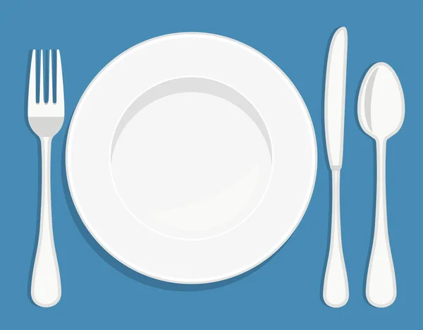 Bílé prázdné porcelánový talíř s lžíci, nůž a vidlička. Vektorové ilustrace v plochý. — Stockový vektor