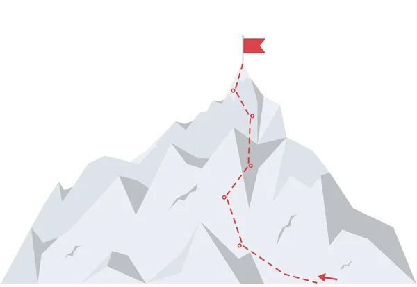 Rota de escalada para o pico. Caminho de viagem de negócios para o sucesso. Ilustração vetorial em estilo plano . — Vetor de Stock