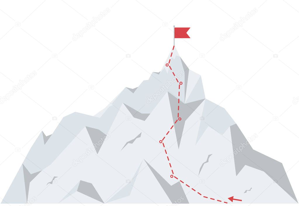 Mountain climbing route to peak. Business journey path to success. Vector illustration in flat style.