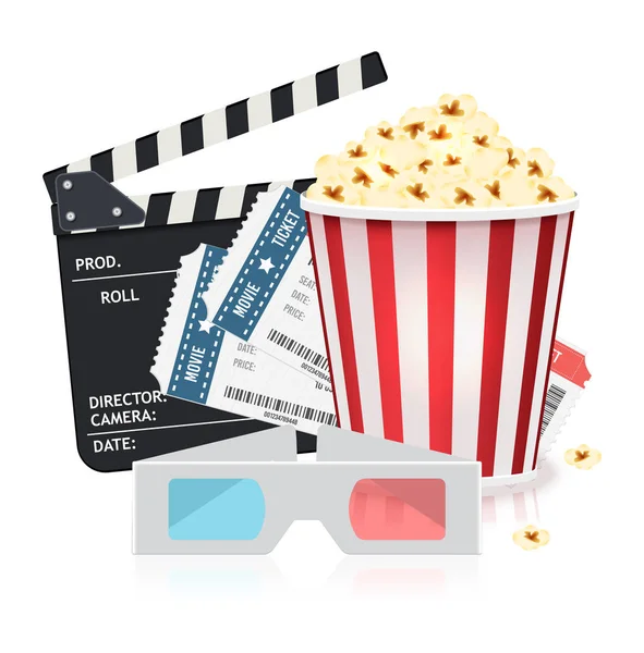 Set cinematografico con secchiello popcorn, biglietti, bicchieri 3d e clapper board. Illustrazione vettoriale in stile realistico . — Vettoriale Stock