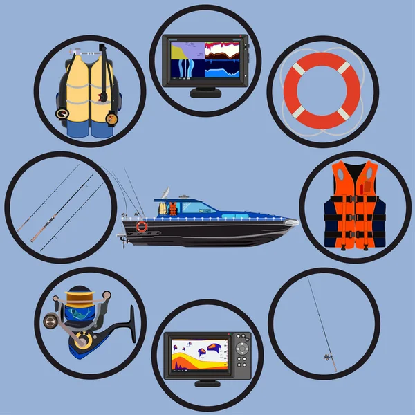 Juego Iconos Pesca Ilustración Plana Vectorial Aislada Barco Motor Pesca — Vector de stock