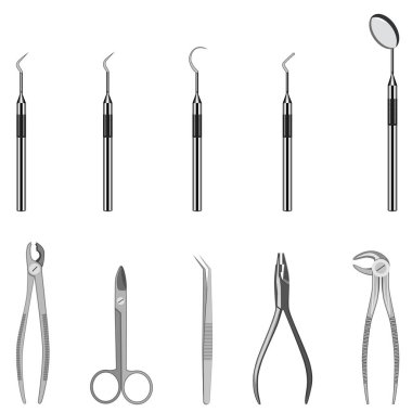 Diş araçları simge seti. Ağız ayna, periodontal explorer ölçekleyici, diş açılan forseps, pense, makas. Diş ekipman vektör illüstrasyon izole beyaz arka plan üzerinde. Düz stil tasarım.