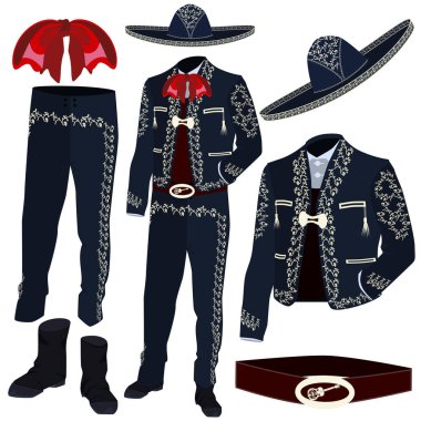 Mariachi müzisyen kostüm parçaları ve mariachi fötr şapka. Meksika ve Orta Amerika geleneksel charro kıyafet kullanılan kutlamalar ve özel etkinlikler. Beyaz arka plan üzerinde izole vektör çizim.