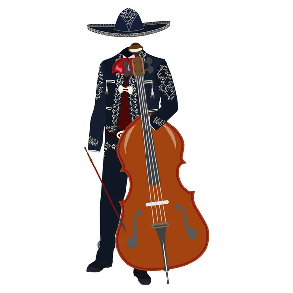 Mariachi Musicista Con Contrabbasso Costume Tradizionale Mariachi Sombrero Illustrazione Vettoriale — Vettoriale Stock