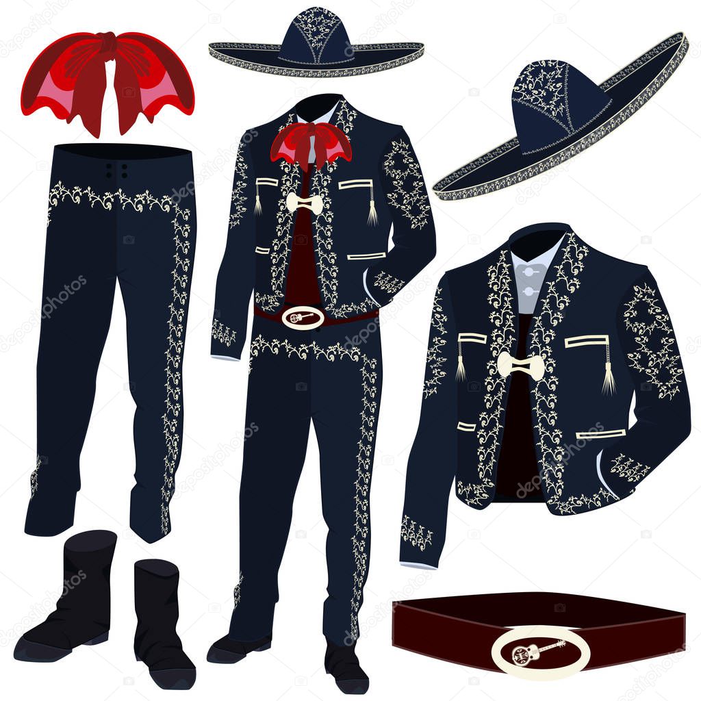 Piezas de traje de músico mariachi y sombrero de mariachi. Traje de