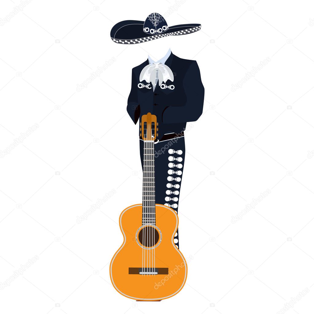 Mariachi musician with guitar in mariachi traditional costume and sombrero. Vector illustration isolated on white background.