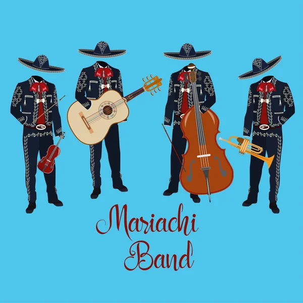 Mariachi Müzisyenler Gitar Trompet Keman Kontrbas Mariachi Geleneksel Kostüm Fötr — Stok Vektör
