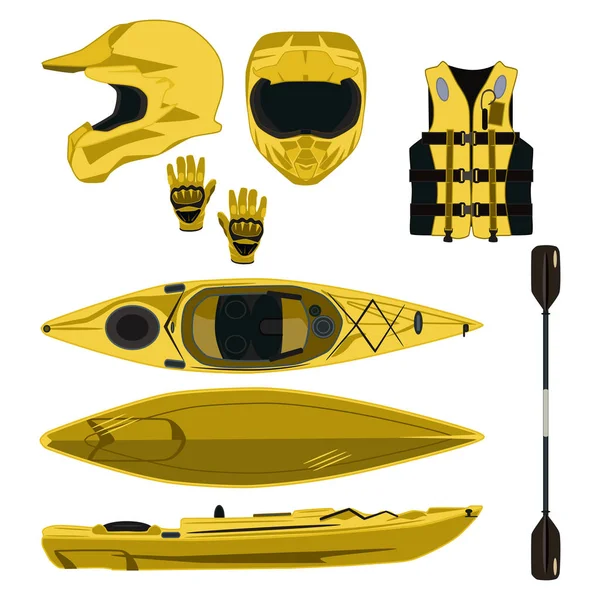 Kayaking equipment and protective gear vector icon set