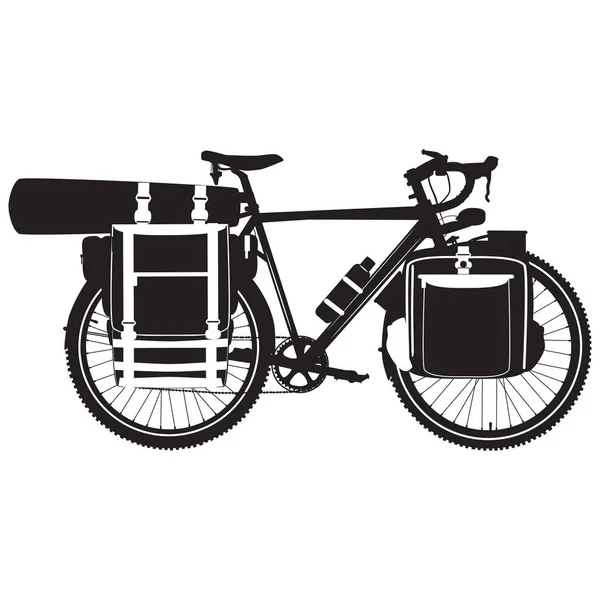 Illustration vectorielle du vélo de tourisme bikepacking silhouette noire — Image vectorielle