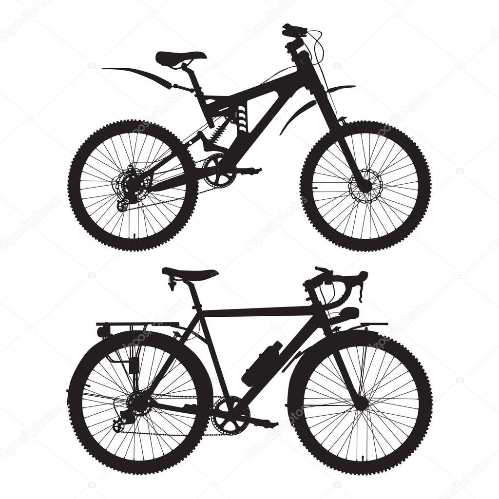 Mountain and touring bikes vector black silhouettes