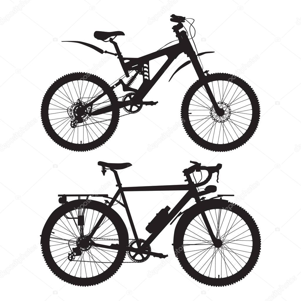 Mountain and touring bikes vector icon set. Road gravel bicycle and full suspension mountain bike silhouettes.