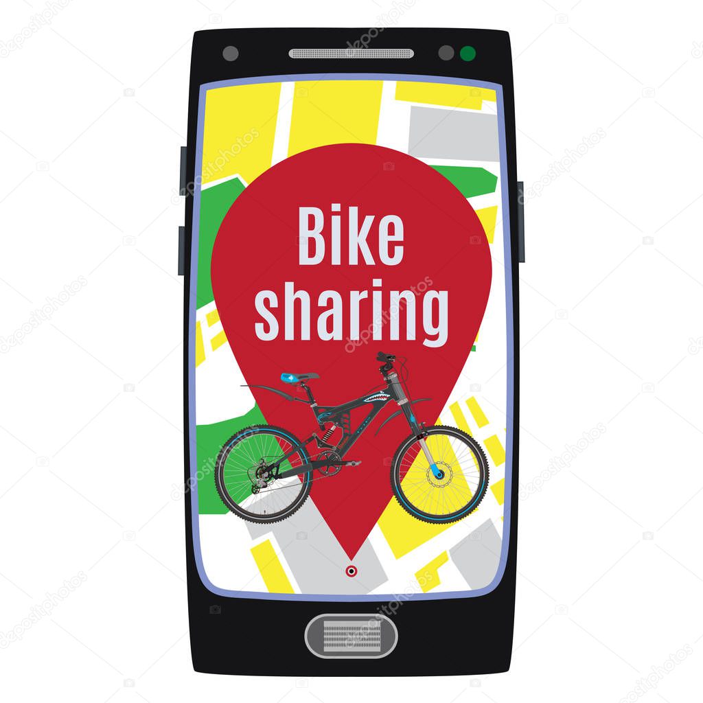 Bike sharing service vector illustration isolated on white background. Smartphone with map, location pin and bicycle for rent. Bike rental app concept.