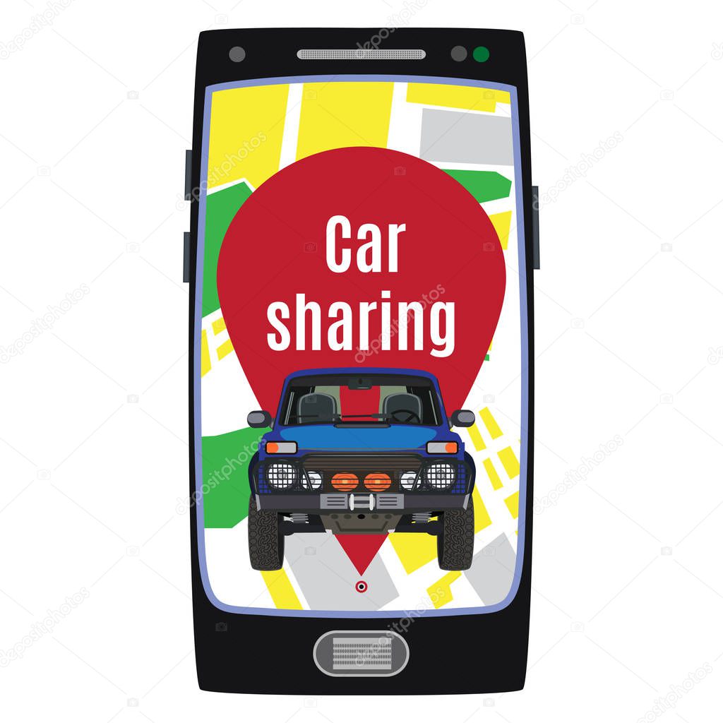Car sharing service vector flat illustration isolated on white background. Mobile phone with map, auto for rent. Carpooling or ride sharing service via smartphone with carsharing mobile app concept.