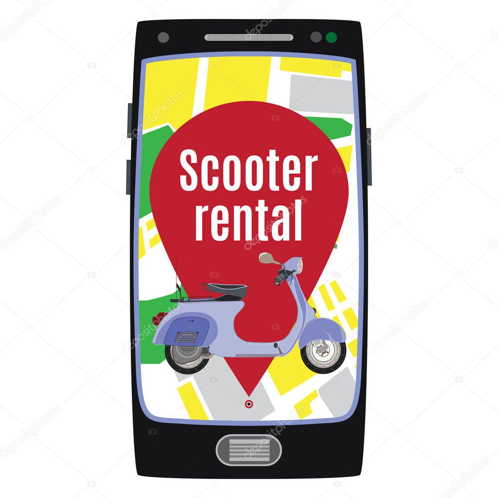 Scooter rental service vector illustration isolated on white background. Smartphone with map, location pin and bicycle for rent. Scooter rental app concept.