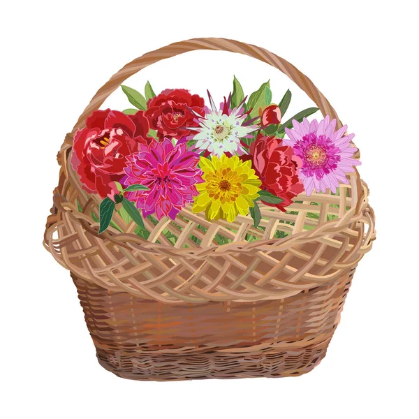 Wicker basket with flowers, vector isolated illustration — Stock Vector
