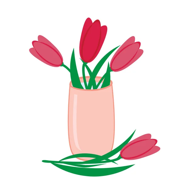 Strauß rosa Tulpen in der Vase, Vektor flache isolierte Abbildung — Stockvektor