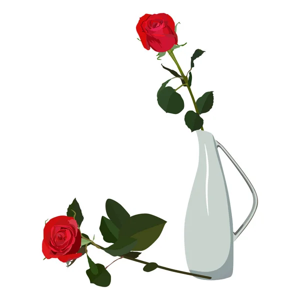 빨간 장미 에 꽃병 벡터 플랫 고립 된 그림 — 스톡 벡터