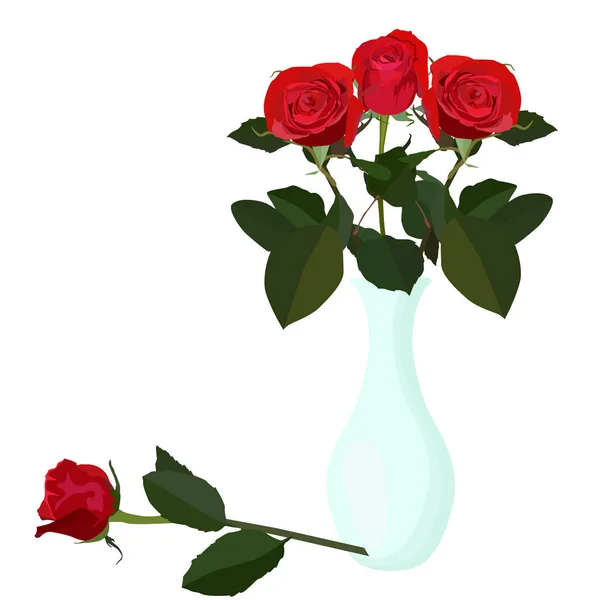 꽃병 벡터 플랫 고립 된 그림에서 빨간 장미의 꽃다발 — 스톡 벡터