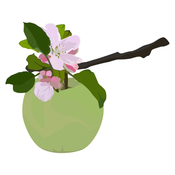 Manzana verde y rama en flor, vector plano aislado ilustración — Archivo Imágenes Vectoriales