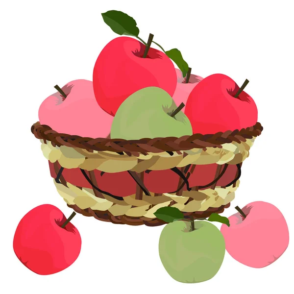 Manzanas frescas en canasta de mimbre, vector plano ilustración aislada — Archivo Imágenes Vectoriales