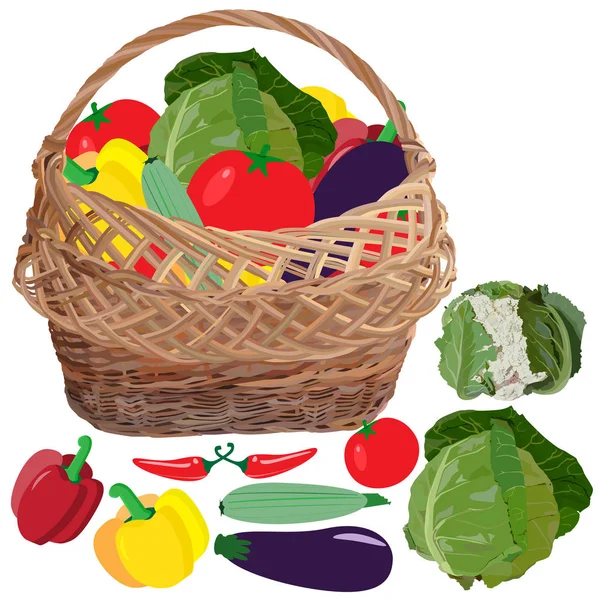 Wicker basket full of fresh vegetables, vector flat illustration — Stock Vector