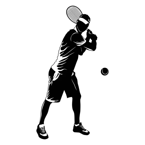 Теннисист черный силуэт на белом фоне, векторная иллюстрация — стоковый вектор