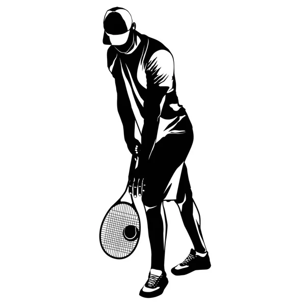 Τένις παίκτης μαύρη σιλουέτα σε λευκό φόντο, απεικόνιση διάνυσμα — Διανυσματικό Αρχείο