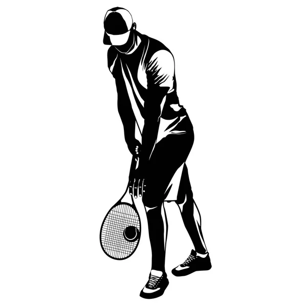 Tennisspieler schwarze Silhouette auf weißem Hintergrund, Vektorillustration — Stockvektor