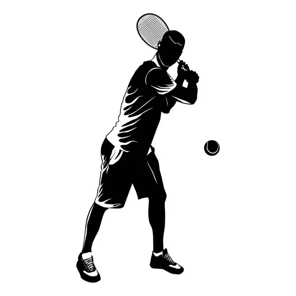 Tennisspieler schwarze Silhouette auf weißem Hintergrund, Vektorillustration — Stockvektor