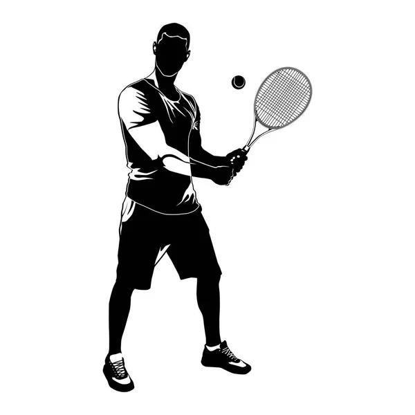 Tennis player black silhouette on white background, vector illustration — Stock Vector