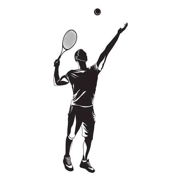 Tennis player black silhouette on white background, vector illustration — Stock Vector