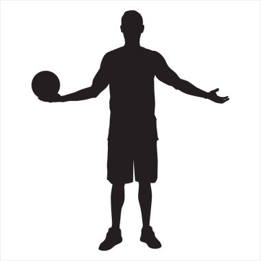 Profesyonel basketbolcu silueti elinde topla duruyor, vektör illüstrasyonu