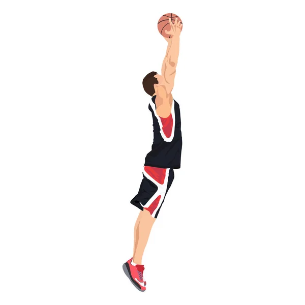 Jogador de basquete profissional pulando e atirando bola no aro, ilustração vetorial —  Vetores de Stock
