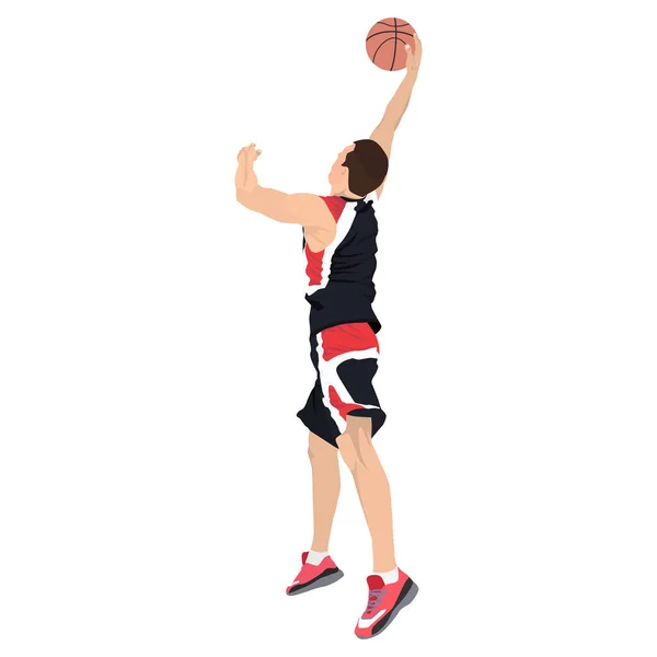 Jogador de basquete profissional atirando bola no aro, ilustração vetorial. Slam técnica de tiro dunk —  Vetores de Stock