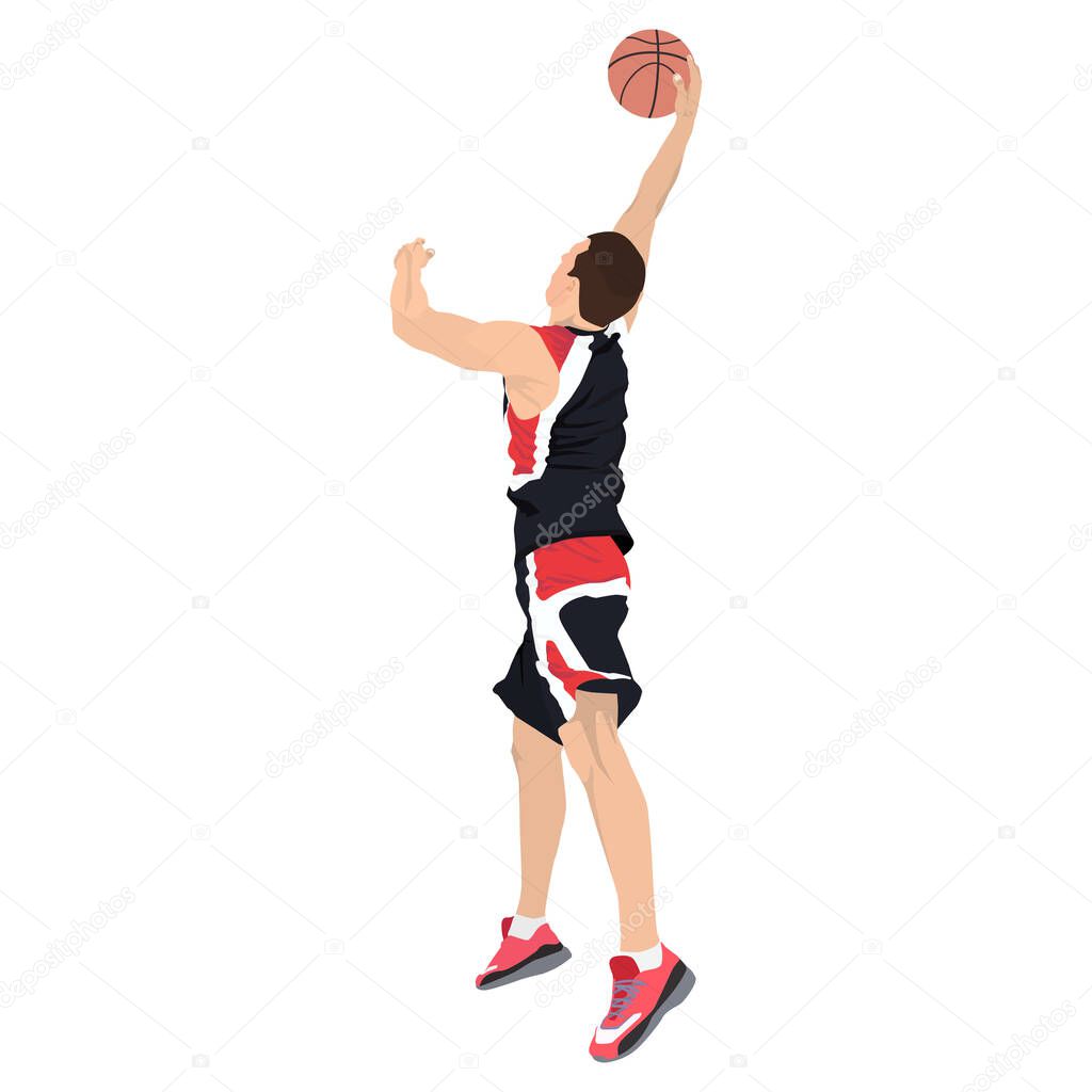 Slam dunk. Basketball shooting technique. Young man athlete, professional basketball player shooting ball into the hoop jumping in the air, vector illustration. Sport and healthy lifestyle.