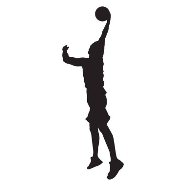 Profesyonel basketbolcu silueti potaya fırlatıyor, vektör illüstrasyon. Smaç atma tekniği