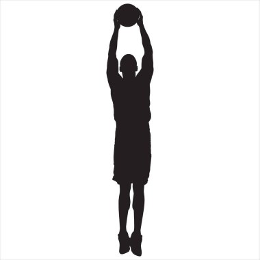 Profesyonel basketbolcu silueti sıçrayıp topa vuruyor, vektör illüstrasyonu.
