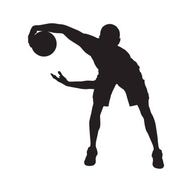Profesyonel basketbolcu silueti ile top, vektör illüstrasyon. Basketbol top sürme becerileri, hareketleri, numaraları.